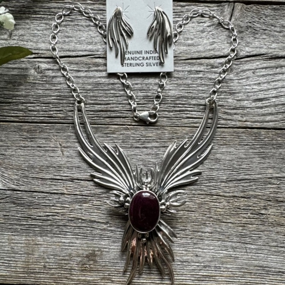Navajo Sterling Silver Purple Spiny Oyster Chain Lariat Y Necklace Earrings Set - Picture 4 of 12